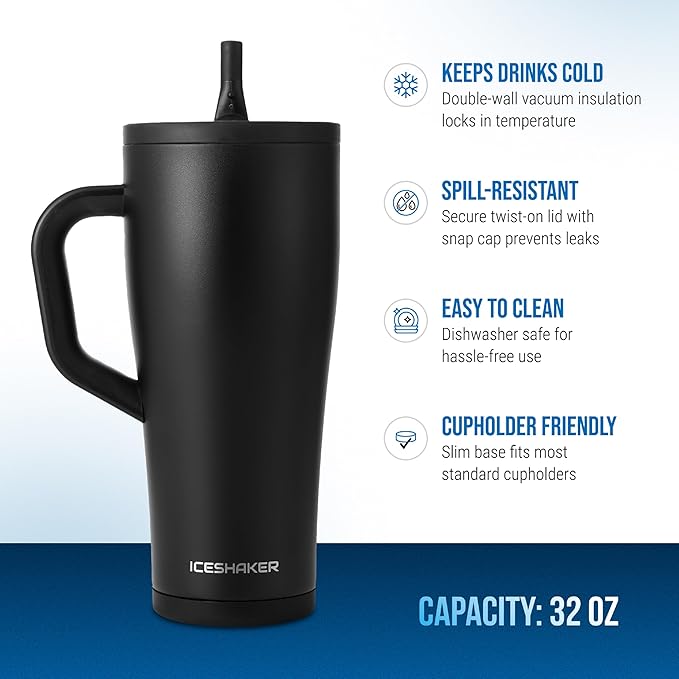 Ice Shaker 32 oz Tumbler with Handle and Straw | 32oz Black | Cold for 30+ Hours | 2-in-1 Tumbler Shaker Bottle | Odor-Free 32 ounce Bottle for Water, Protein Shakes, Smoothies, Cocktails