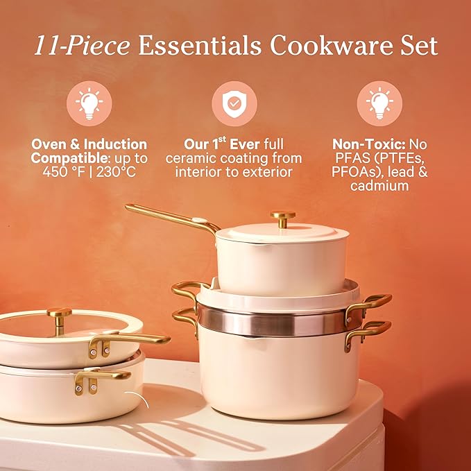 Our Place 11-Piece Essentials Complete Cookware Set - Ceramic Fry Pan, Saucepan, Saut챕 Pan, Stock Pot, Strainer Basket & Rack Storage | Thermakind??Nonstick, Oven Safe up to 450째F | Cream