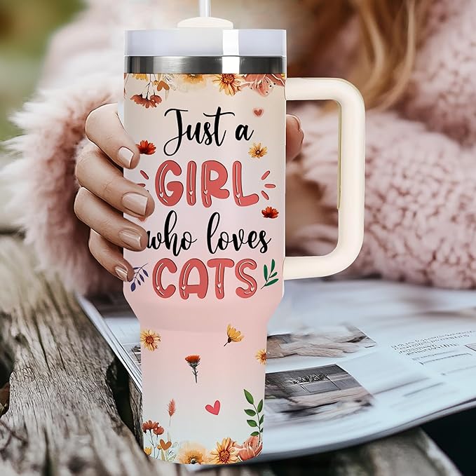 AGGLOMEKC Personalized Cute Cat Cup - Mother's Day Birthday Gift For Animal Lovers - Just A Girl Who Loves Cats Tumbler 40oz With Custom Name - Pet Lover Gifts For Women, Her