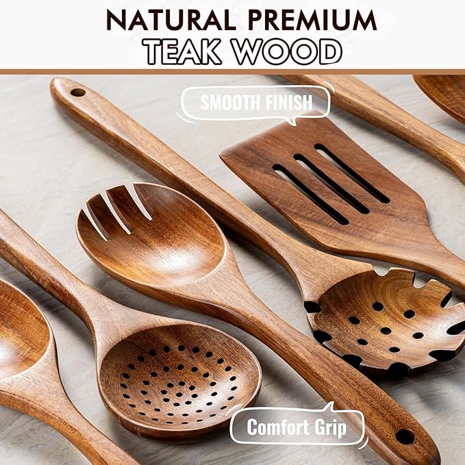 Wooden Spoons for Cooking, 10 Pcs Natural Teak Wood Kitchen Utensils Set, Comfortable Grip Wooden Utensil Set for Nonstick Pans & Cookware, Heat Resistant Wooden Spoons Wooden Spatulas Set