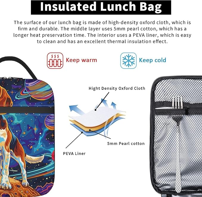 VANZEV Insulated Lunch Box for Women Men, Beagle Dog Planet Theme Lunch Box Reusable Portable Lunch Bag Cooler Tote Waterproof Lunch Container for Office Picnic Work Travel Hiking
