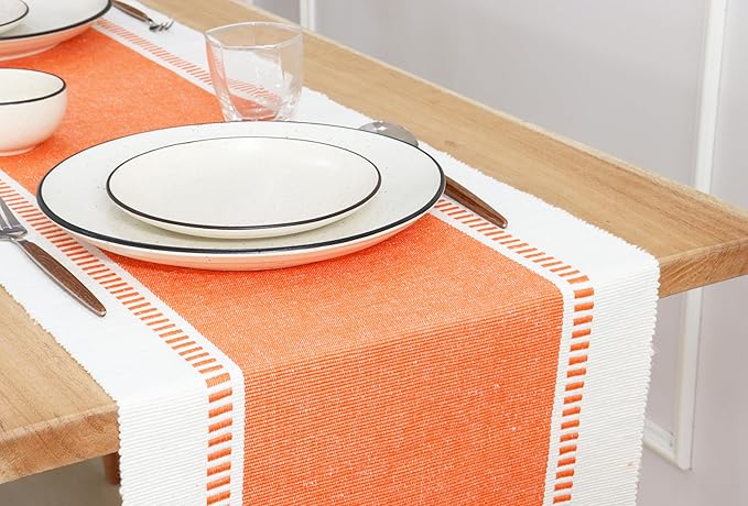 PurpleEssences Table Runner - Wide with Dobby Stripe, Heavy Ribbed Weave & Double Knot Fringes, 14x90 Inch (14x95.5 with Fringes) Boho Farmhouse Decor - Christmas Holiday Winter - Orange and H.White