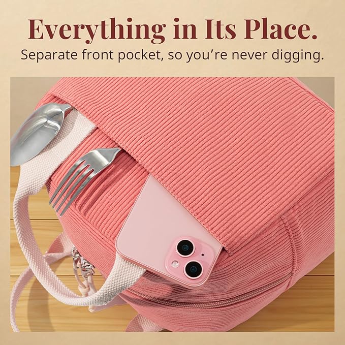 LOVELYWIND Insulated Lunch Bag for Women Men, Stylish Corduroy Tote Bag with Aluminum Lining, Large Capacity Reusable Cooler for Work, Travel, or Beach, Coral Pink Lunch Box