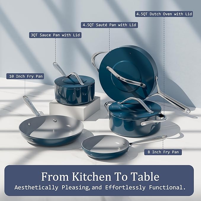 Nonstick Ceramic Saut챕 Pan w/Lid (4.5 qt, 11") Deep Frying Pan for All Cooktops Non Toxic Skillet PTFE/PFOA/PFAS Free, Even Heat Distribution Stainless Steel Stay-Cool Handle, Navy Blue