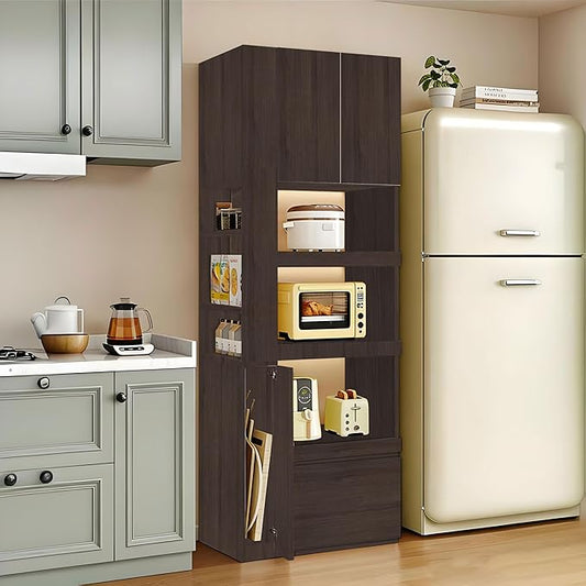 LINLIUA 71'' Tall Kitchen Pantry Cabinet, Wood Pantry Storage Cabinet with Doors, 3 Pull-Out Shelves and Drawer, Modern Slim Kitchen Hutch for Dining Room Small Space