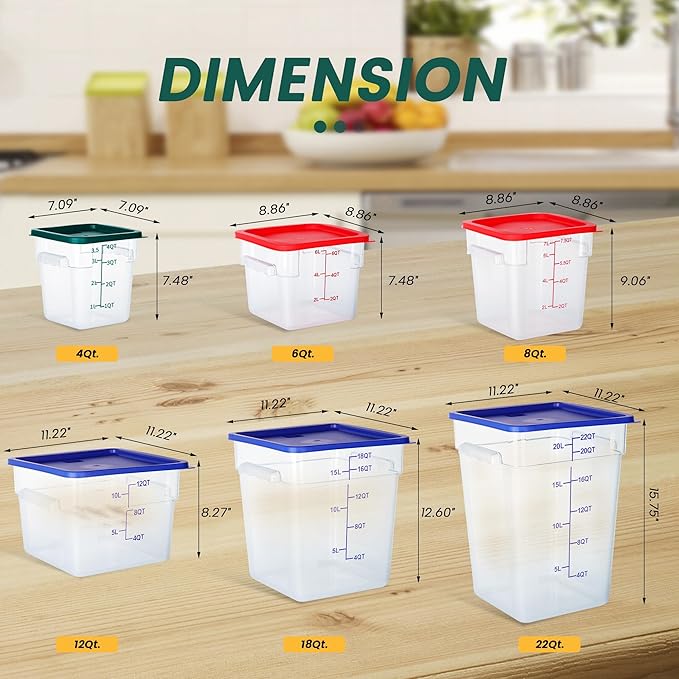 4 Pack Food Storage Containers, 4 Quart with Lids, Square Commercial Containers with Scale, Clear NSF Food Organizing, Polycarbonate