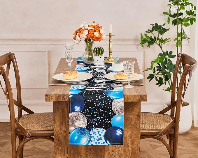 Letjolt Silvery Blue Balloon Happy Birthday Table Runner 72 Inches Celebrate Birthday Party Table Decor