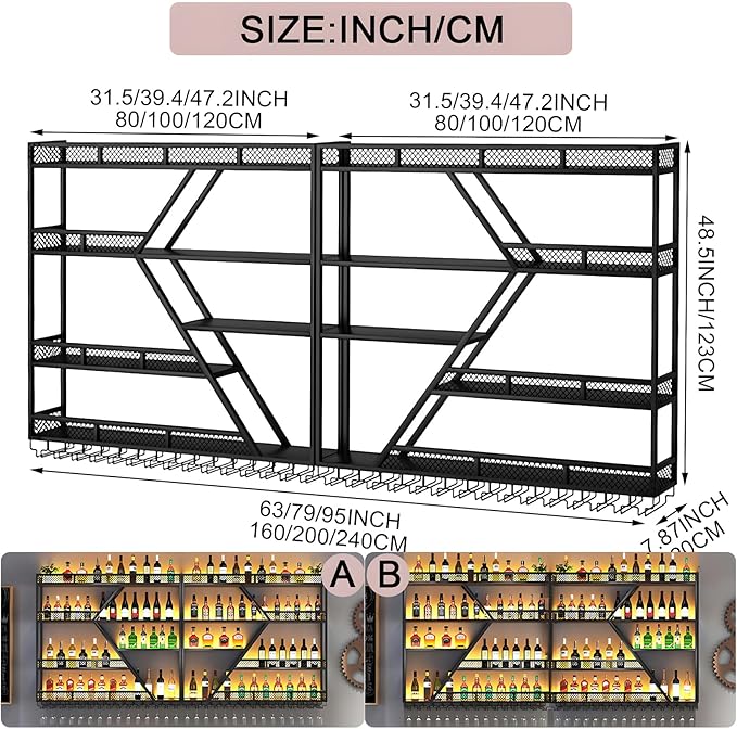 79in Metal Wine Rack Wall Mounted, Modern Wine Storage Rack Wall Mounted with Wine Glass Holder, Liquor Shelf, Bar Shelves for Liquor Bottles (4 Tiers Black, 79 * 7.87 * 48.5INCH)
