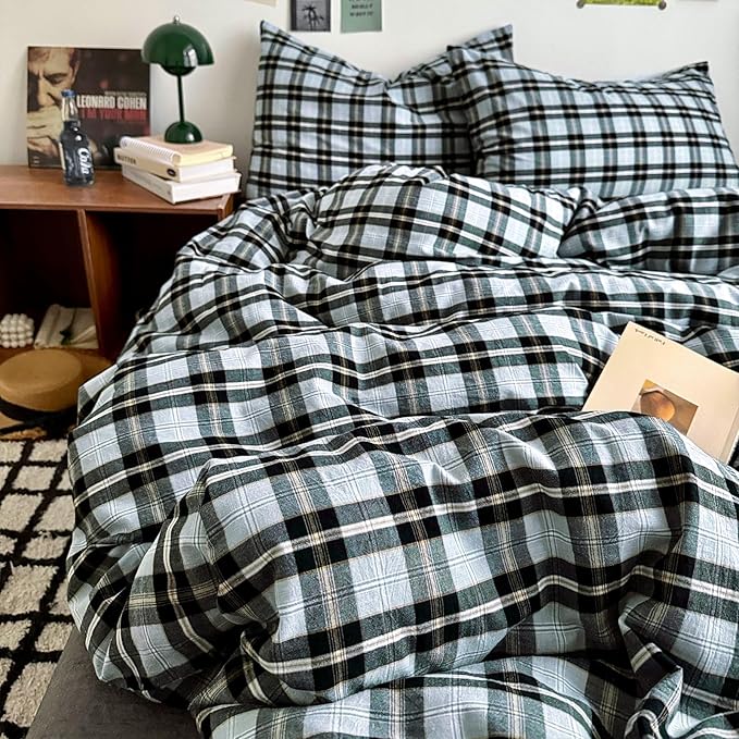 LifeTB Queen Comforter Set Grey Black Plaid Comforter Set, 3 Pieces Vintage Checkered Pattern Grid Comforter with 2 Pillowcases, Fluffy Soft Farmhouse Plaid Bedding Gingham Comforter Set Queen