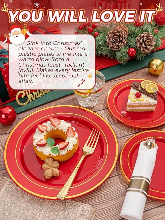350Pieces Red Plastic Plates with Gold Rim Include 50Dinner Plate 10?? 50Dessert Plate 7?? 50 gold Cups 9 OZ, 50 Pre Rolled Napkins for Party Valentine's Day