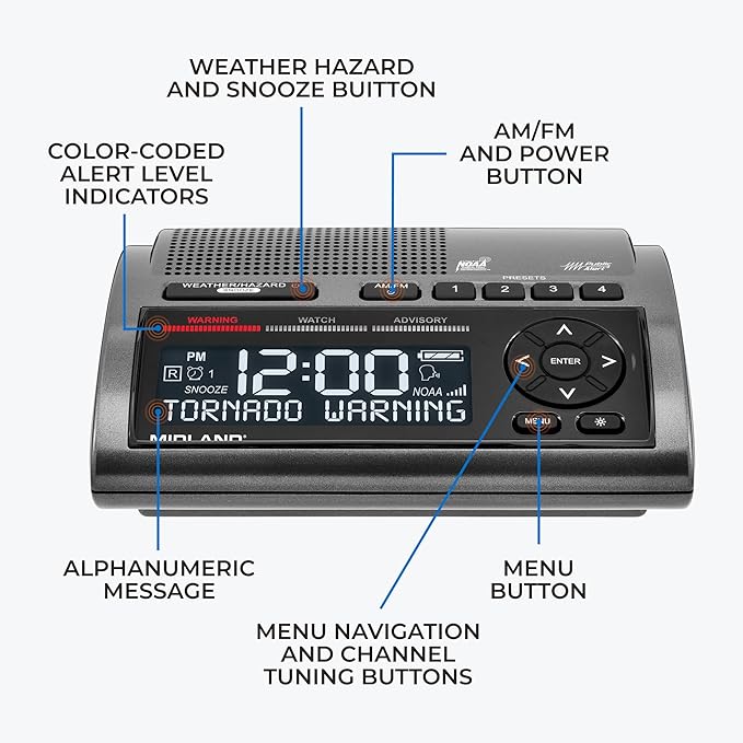 Midland - WR400 Weather Radio Deluxe - NOAA Emergency Alert Scanner ??Home Use with Battery Backup - Local County Programming Over 80 Emergency Voice Flashing Alerts ??Alarm Clock AM/FM Radio