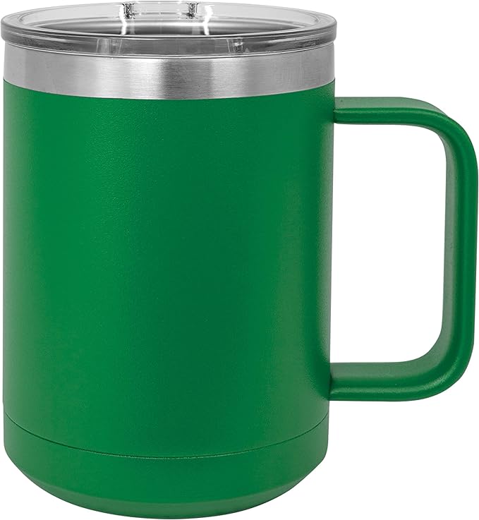 Clear Water Home Goods - (Bulk Pack of 12-15 oz Double Wall Coffee Mug with Lid and Handle, Double Insulated Stainless Steel Travel Tumbler Cup - Powder Coated - Green
