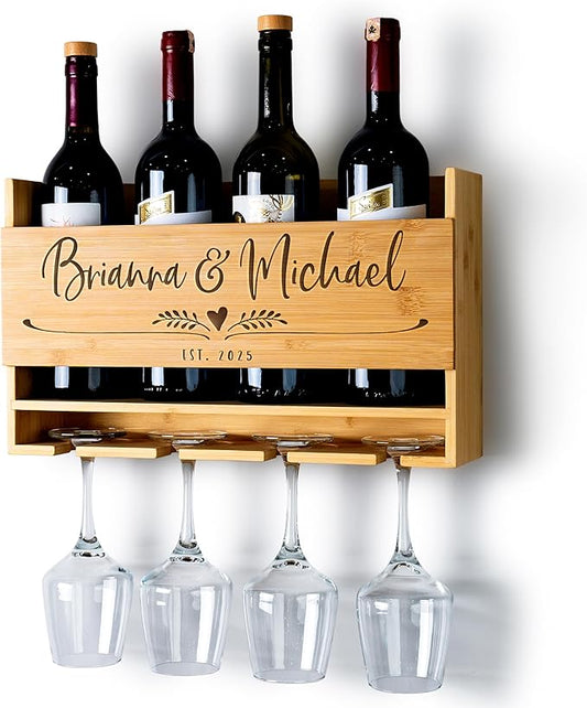 Personalized Wine Rack - Wall Mounted Custom Engraved Holder for 4 Bottles and Glasses - Ideal Gift for Wine Lovers, Weddings, Housewarmings - Customized Names Gifts for Couples