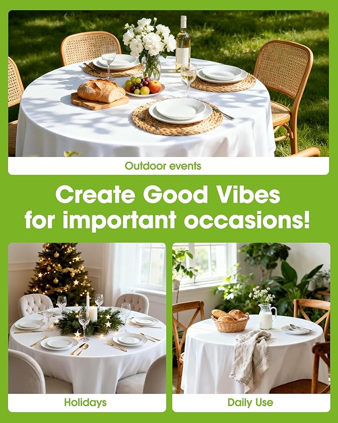 Pureegg Plastic Table Cloth Disposable 12 Pack, 84'' Round Table Cloths, Party, Picnic, Wedding, Decorative Tablecloths, Round, White Plastic Cover, Leakproof & Sturdy, White