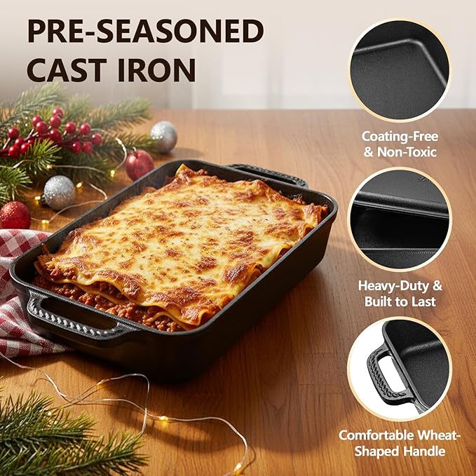 9x13" Casserole Dishes for Oven with Lids - 2-In-1 Pre-Seasoned Cast Iron Baking Dish for Lasagna, Sourdough Bread