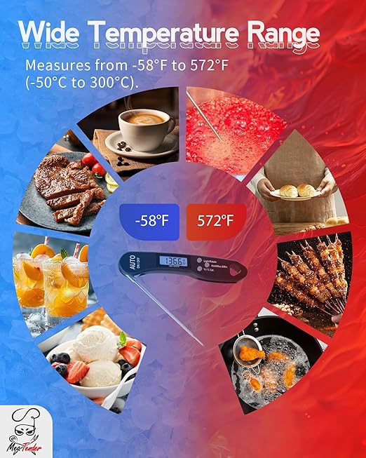 Digital Food Thermometer with Fast 1-Second Reading, 짹1째F Accuracy, -58째F to 572째F Range | Foldable Probe, Magnetic Back, Backlit LCD, Auto-Off for Grilling, Baking, Smoking
