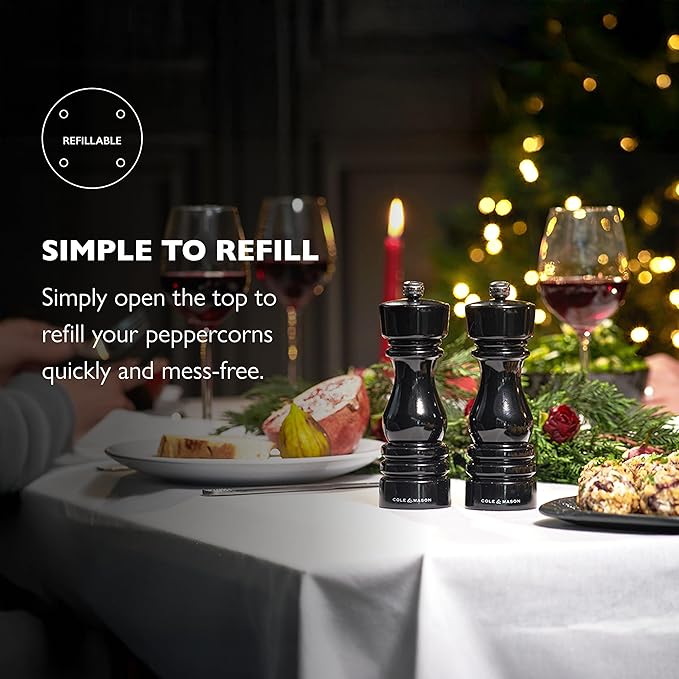 Cole & Mason London Refillable Spice Mill - Kitchen & Home Accessory - Table Black Pepper Grinder - Pepper Mill with Carbon Steel Mechanism - 7", Black Gloss
