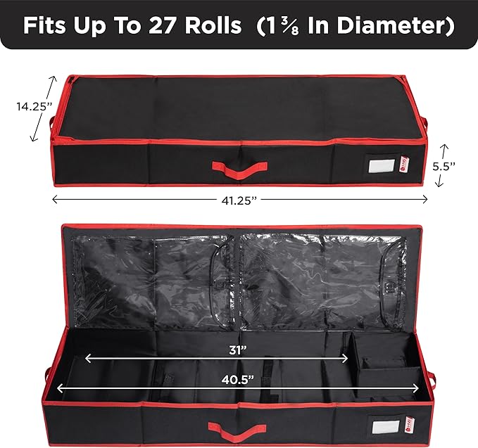 HOLDN??STORAGE Premium Wrapping Paper Storage Container - Durable 600D Tear-Proof, Fits 27 Rolls Gift Wrap, Extra Pockets for Ribbons & Bows, Underbed Storage - Ideal for Holiday Christmas, Black