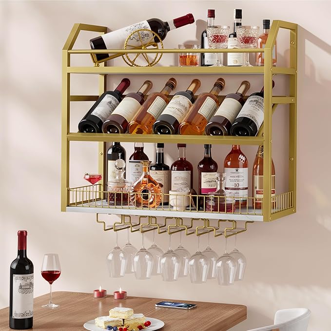 Hoctieon Wall Mount Wine Rack, Wall Mounted Wine Bottle Rack for Display and Storage, Hanging Bottle Holder, for Living Room, Dining Room, Bar, Wine Cellar, Gold&White
