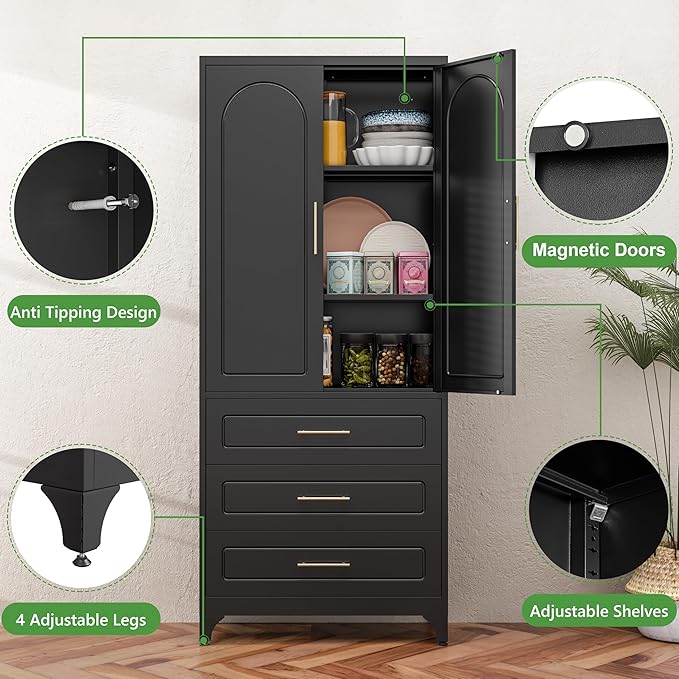 75??Tall Kitchen Pantry Cabinet,Metal Storage Cabinets with Doors and Adjustable Shelves,Modern Kitchen Hutch Cabinet,Freestanding Cupboard for Dining Room