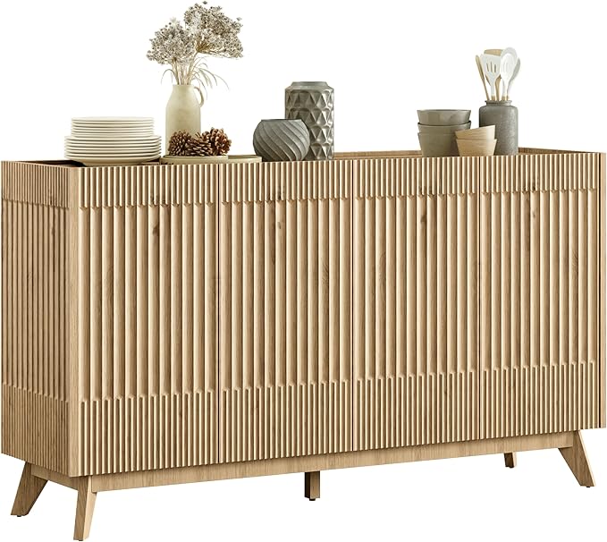 FLOWBACK 60" Large Fluted Storage Cabinet with Adjustable Shelves,35?섃?Tall Sideboard Buffet Credenzas Console Table with Solid Wood Legs,Accent Cabinet for Living Room Dining Room Entryway