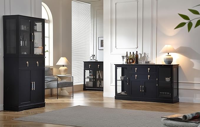 58.2'' Modern Sideboard Buffet Cabinet with Storage, Accent Coffee Bar Cabinet with 2 Glass Doors,Sideboard Credenza with Two Drawers and Adjustable Shelves,Black