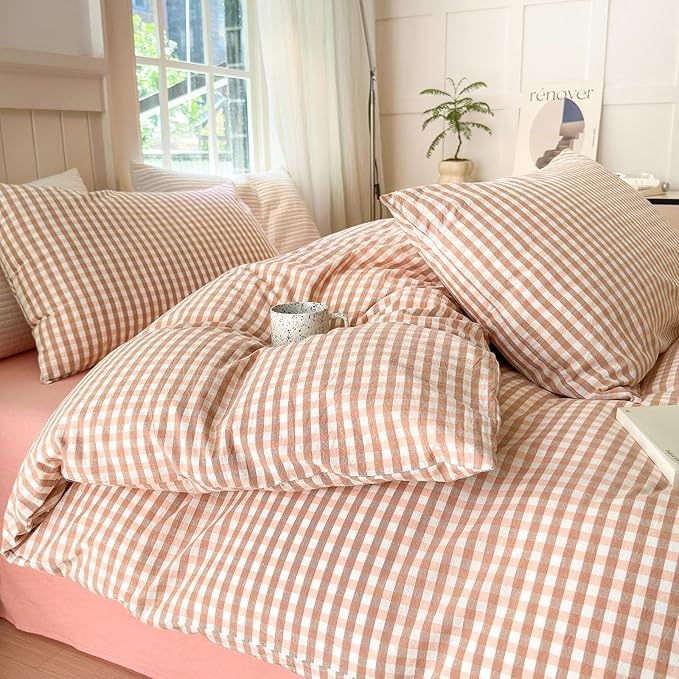 LifeTB Queen Comforter Set Pink Gingham Comforter Modern Style Blush Plaid Comforter Set 3 Pieces Grid Checkered Comforter with 2 Pillowcases Fluffy Soft Boho Gingham Bedding Set Queen Size