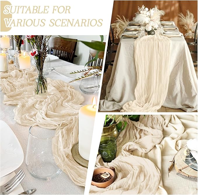 RealBox 3 Pack Ivory Cheesecloth Table Runner 17x108 Inch Semi Sheer Boho Gauze Cheese Cloth Fabric Table Runners Table Decor for Wedding Party Baby Shower Birthday Home Decor Garden Farmhouse