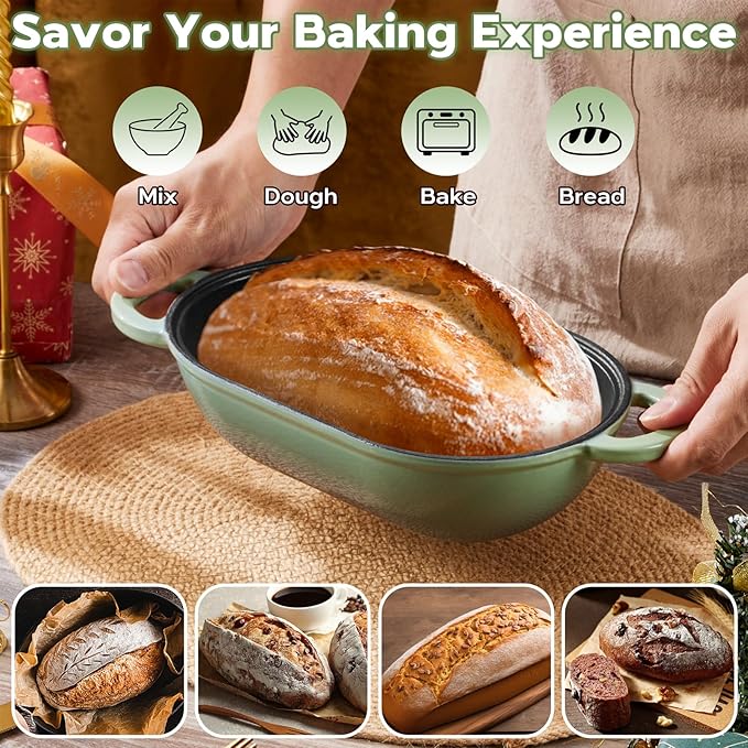 Onader Enameled Cast Iron Dutch Oven, 2.8QT Dutch Oven Pot with Lid for Sourdough Bread Baking, Oval Meatloaf Pan, Heavy Duty - Pistachio Green