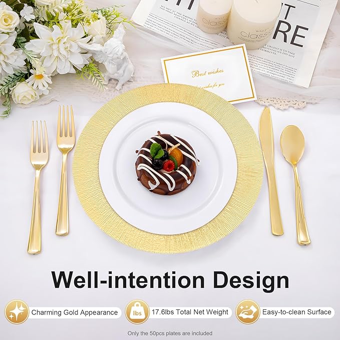 50pcs Gold Charger Plates, 13" Round Reusable Decorative Flower Relief Carving Bulk Chargers for Dinner Plates, Wedding, Bridal Shower