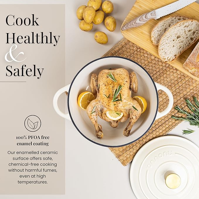 Nuovva Enamelled Cast Iron Dutch Oven Pot with Lid ??6.4 Quart Non Stick Casserole Pot ??Heavy Duty & Oven Safe up to 500째 F for Bread Baking, Braising, Stews, Roasting ??28cm Cream