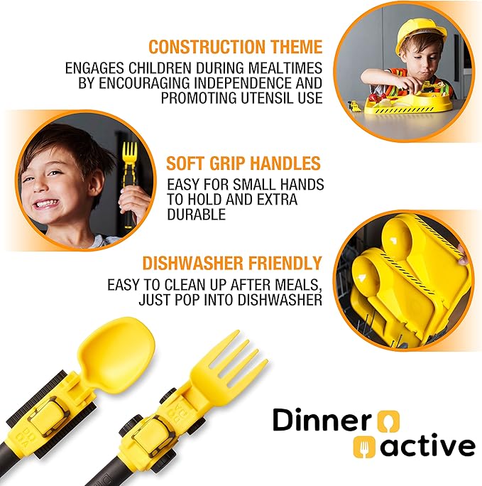 Dinneractive Utensil Set for Kids ??Construction Themed Toddler Forks and Spoons, Toddler Utensils ??2-Piece Set ??Yellow Construction Utensils For Toddlers - Loader & Tractor Toddler Spoons and Forks
