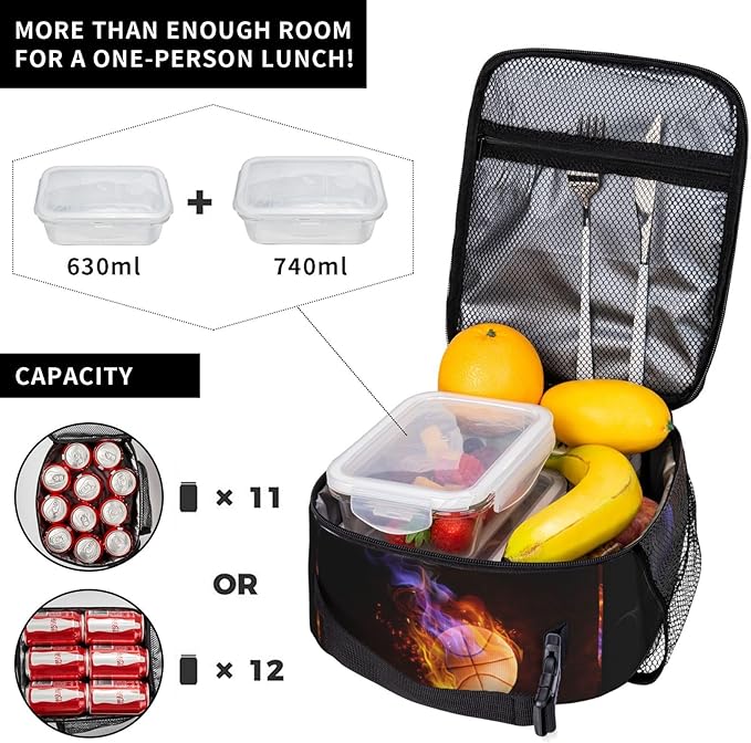 Basketball Lunch Box with Fire Pattern, Sports-themed Lunch Bag for Kids Teens Adults Boys Men, Insulated Leakproof Waterproof Reusable Lunch Bags Portable Durable Cooler Tote Bag with Mesh Pocket