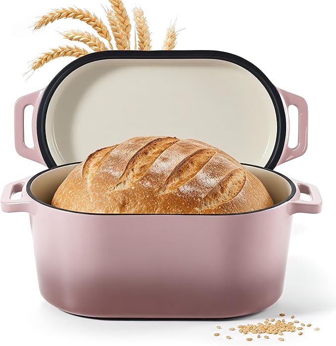 Dutch Oven for Bread Baking, 6 QT Bread Dutch Oven for Sourdough, Enamelled Cast Iron Bread Oven with Lids, Heavy-Duty Non Stick Sourdough Loaf Pan, Meatloaf Pan, Pink
