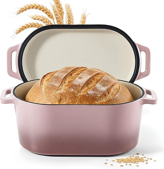 Dutch Oven for Bread Baking, 6 QT Bread Dutch Oven for Sourdough, Enamelled Cast Iron Bread Oven with Lids, Heavy-Duty Non Stick Sourdough Loaf Pan, Meatloaf Pan, Pink