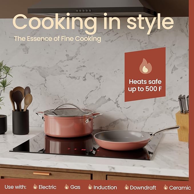 Bakken 12-Piece Aluminum Cookware Set with Ceramic Nonstick Coating, PTFE & PFAS Free, All Stovetop Safe Up To 500째F, Pots and Pans Set with Lids, Silicone Utensils Included, Dishwasher Safe, Pink