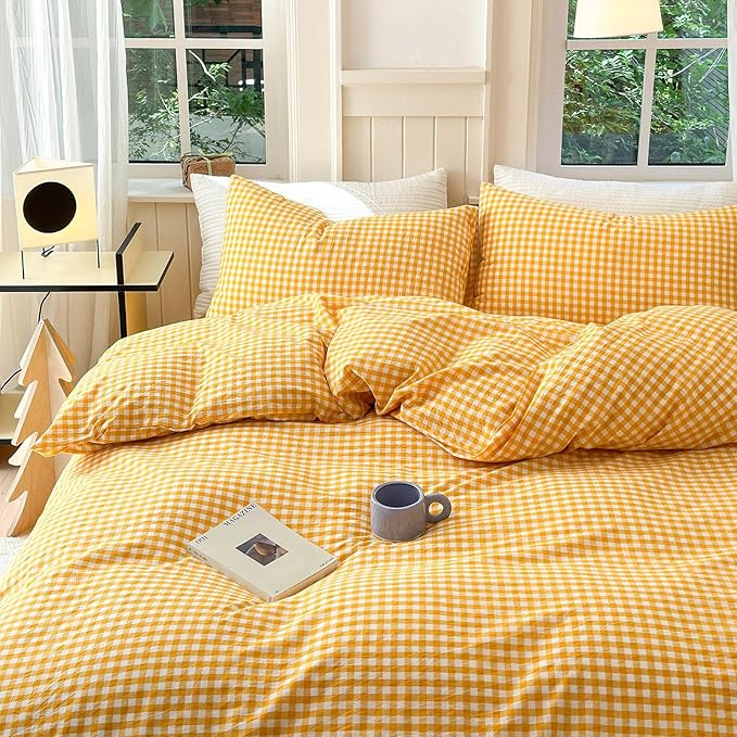 LifeTB Queen Comforter Set Modern Style Yellow Gingham Comforter Geometric Plaid Printed Bedding Comforter with 2 Pillow Shams Fluffy Lightweight Gingham Bedding Grid Checkered Comforter Set