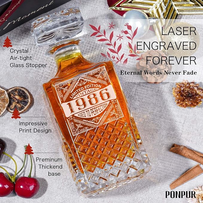 PONPUR 40th Birthday Gifts For Men Dad, 1986 Laser Whiskey Decanter Set with Gift Box, Anniversary Birthday Gift Ideas for Him Husband, 40 Years Bday Decorations, Whiskey Glasses & Whisky Stones Inc