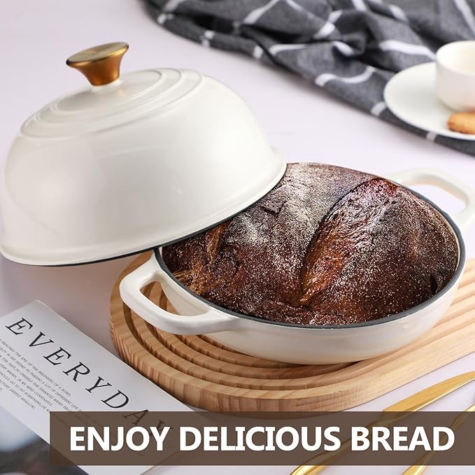 Tioncy Enameled Bread Dutch Oven with Lid for Sourdough Baking 6 Quart Round Cast Iron Dutch Oven Pot Bread Bakers for Christmas Kitchen Homemade Cookware Gifts Roasting Frying Cooking Stewing (White)