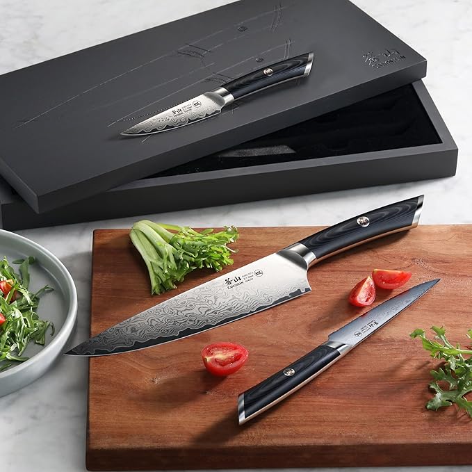 Cangshan KURO Series 3-Piece Starter Knife Set with Ash Wood Box, High Carbon X-7 Damascus Steel, 504319