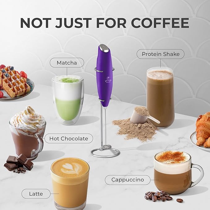 Zulay Kitchen Powerful Milk Frother Wand - Ultra Fast Handheld Drink Mixer - Electric Whisk Foam Maker for Coffee, Lattes, Cappuccino, Frappe, Matcha & Coffee Creamer - Milk Boss Deep Purple