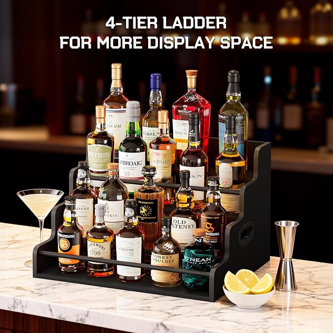 19.6?쓂 x 15.74" D x 12.5" H Inches Versatile 4-Step Coffee Syrup & Water Bottle Organizer Rack Multi-Functional Retro Display Shelf for Kitchen or Bar, Holds Liquor & Spirits, Black