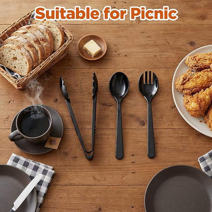 36 PCS Disposable Serving Utensils, Black Plastic Spoons Forks Tongs 12 Set Heavy Duty Party Utensils Set for Restaurant Buffet Wedding Banquet Dinner Party Salad Soup Noodles