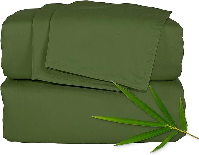 Pure Bamboo Split King Sheets, Genuine 100% Organic Viscose Derived from Bamboo Bed Sheet Set, Soft & Cooling, Double Stitching, 2 Fitted Sheets (Split King, Pesto)