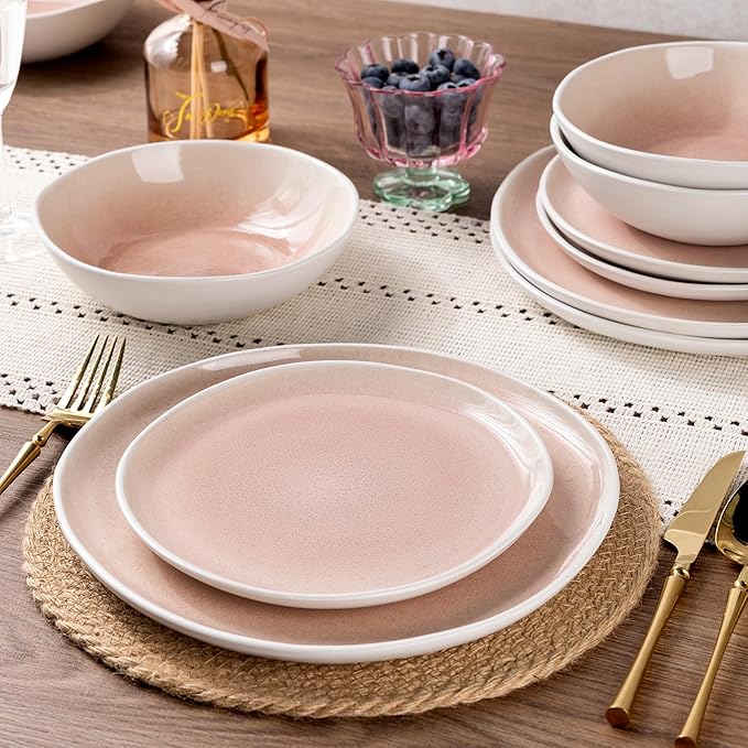 AmorArc Ceramic Dinnerware Sets,Handmade Reactive Glaze Stoneware Plates and Bowls Sets,Highly Scratch Resistant | Dishwasher & Microwave Safe Dishes Set,Service for 8 (24pc)-Pink