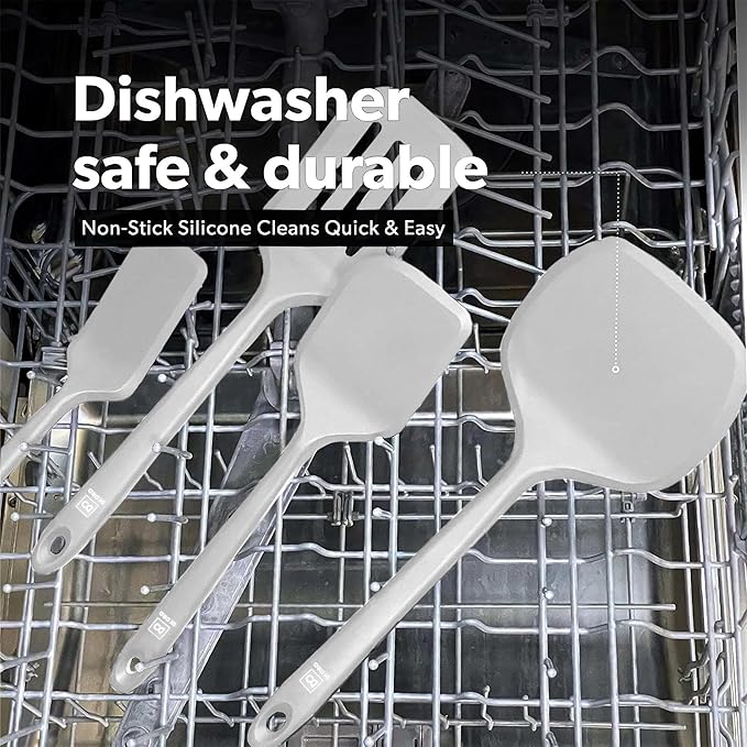 New DI ORO Seamless Series Moda 4-Piece Silicone Turner Spatula Set - 600째F Heat-Resistant Flexible Kitchen Spatulas for Nonstick Cookware - Flippers for Eggs & Pancakes - Utensils for Cooking (Stone)