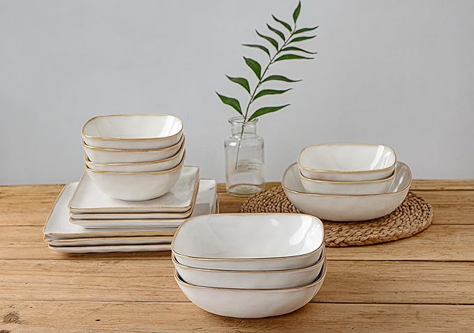famiware Large Pasta Bowls Set of 4, Ocean Square 8" Bowls, Pasta Serving Bowl Large Dinner Bowls, Kitchen Bowl Set, Microwave and Dishwasher Safe, Scratch Resistant, Cappuccino White