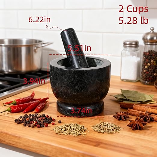 Heavy-Duty Mortar and Pestle Set, 2-Cup Granite Material, with Non-Slip Base, 5.51-inch Mexican Grinder, for Grinding Spices and Seeds, Seasoning and Spice Tool (Black, 2Cup)