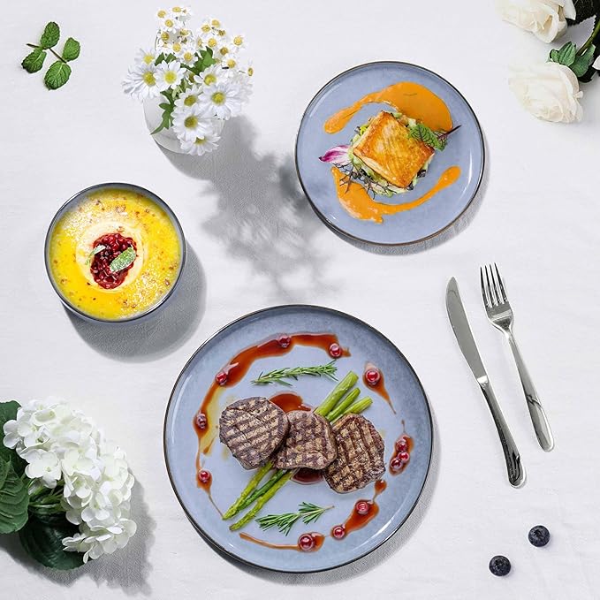 Herogo 6-Piece Stoneware Dinnerware Sets for 2, Stackable Dinner Plates and Bowls Sets, Double Reactive Glaze Dishware Place Setting for Kitchen, Scratch Resistant, Microwave Safe, Haze Blue