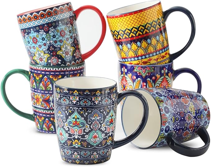 glowworm Coffee Mugs Set of 6, 16 oz Ceramic Coffee Mug with Handle, Large Coffee Cups for Latte, Cappuccino, Milk Dishwasher & Microwave Safe, Bohemian